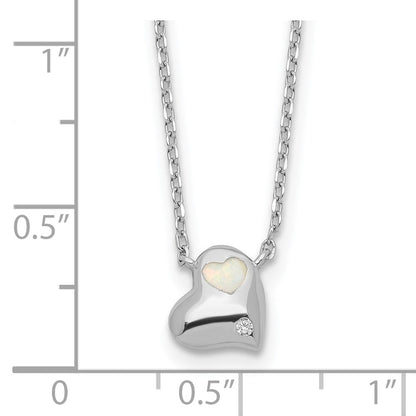Sterling Silver Rhodium Plated Created Opal Inlay CZ Heart w/2in Ext Necklace