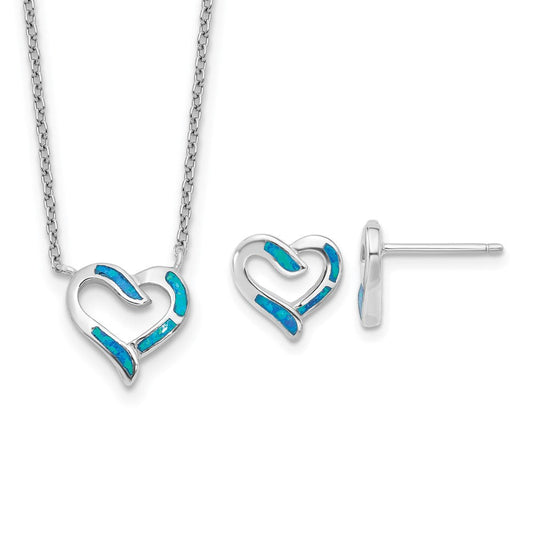 Sterling Silver Rh-Pl Cr.opal Heart 16in Necklace w/2in Ext and Earring Set