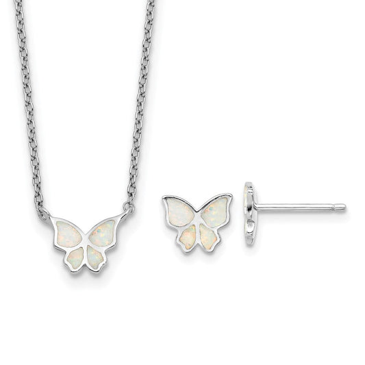 Sterling Silver Rh-Pl Cr.opal Butterfly 16in Necklace w/2in Ext/earring Set