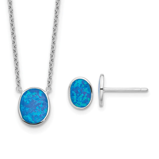 Sterling Silver Rh-Pl Blu Cr. Opal Oval 16inNecklace w/1.75 Ext/earring Set