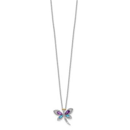 Sterling Silver/14K Rh-Pltd Amy/bl Topaz/dia. Dragonfly 18in Neckla