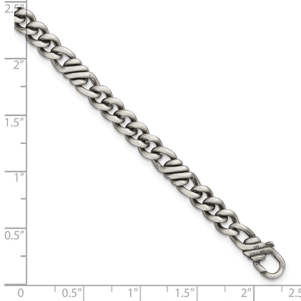 Sterling Silver Black Ruthenium Brushed Fancy Curb Chain Men's Bracelet