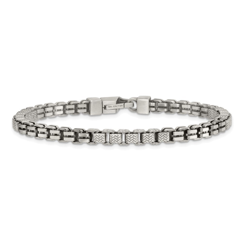 Sterling Silver Black Ruthenium Brushed Fancy Textured Box Chain Men's Bra Bracelet