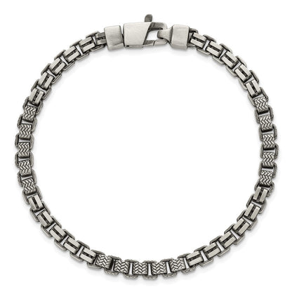 Sterling Silver Black Ruthenium Brushed Fancy Textured Box Chain Men's Bra Bracelet