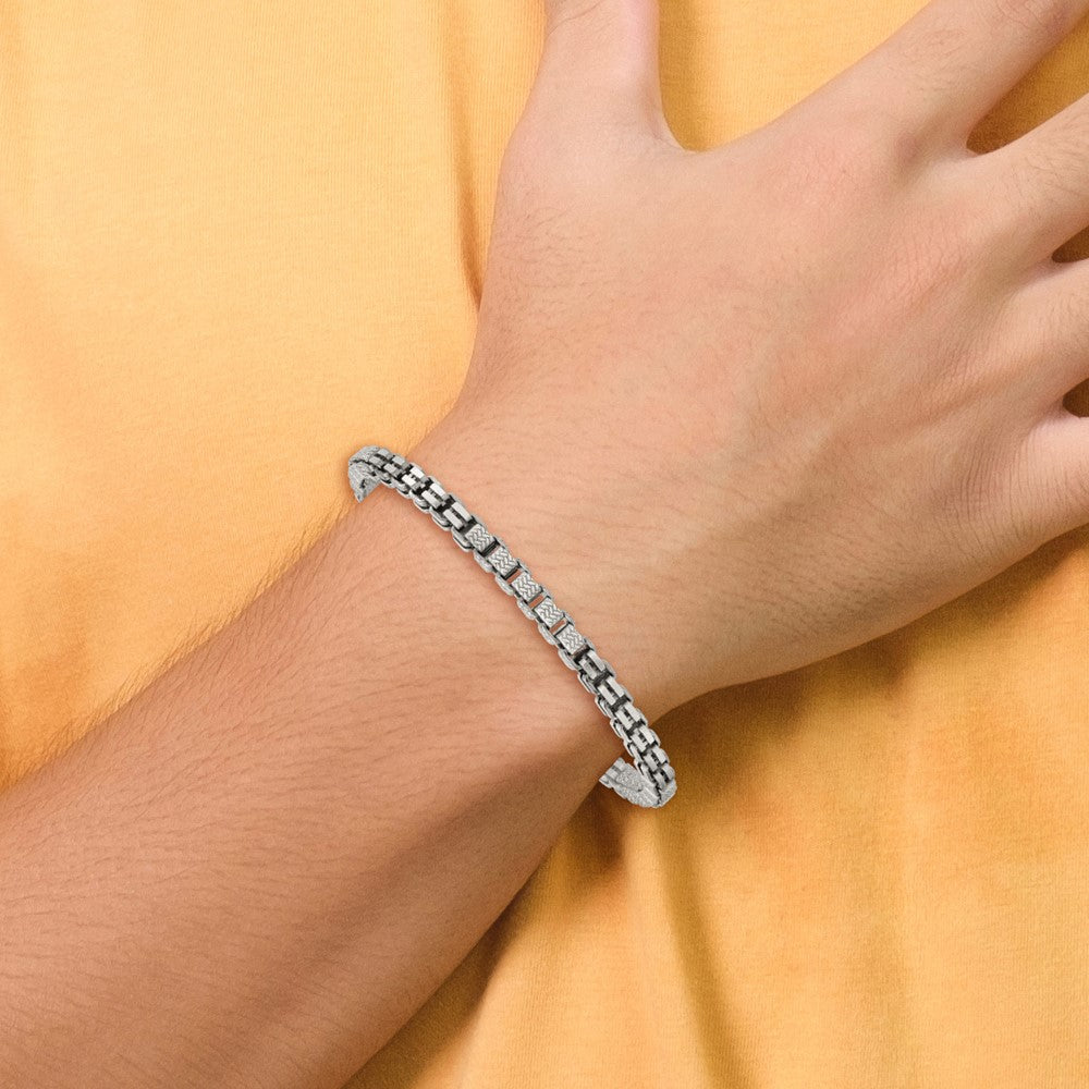 Sterling Silver Black Ruthenium Brushed Fancy Textured Box Chain Men's Bra Bracelet