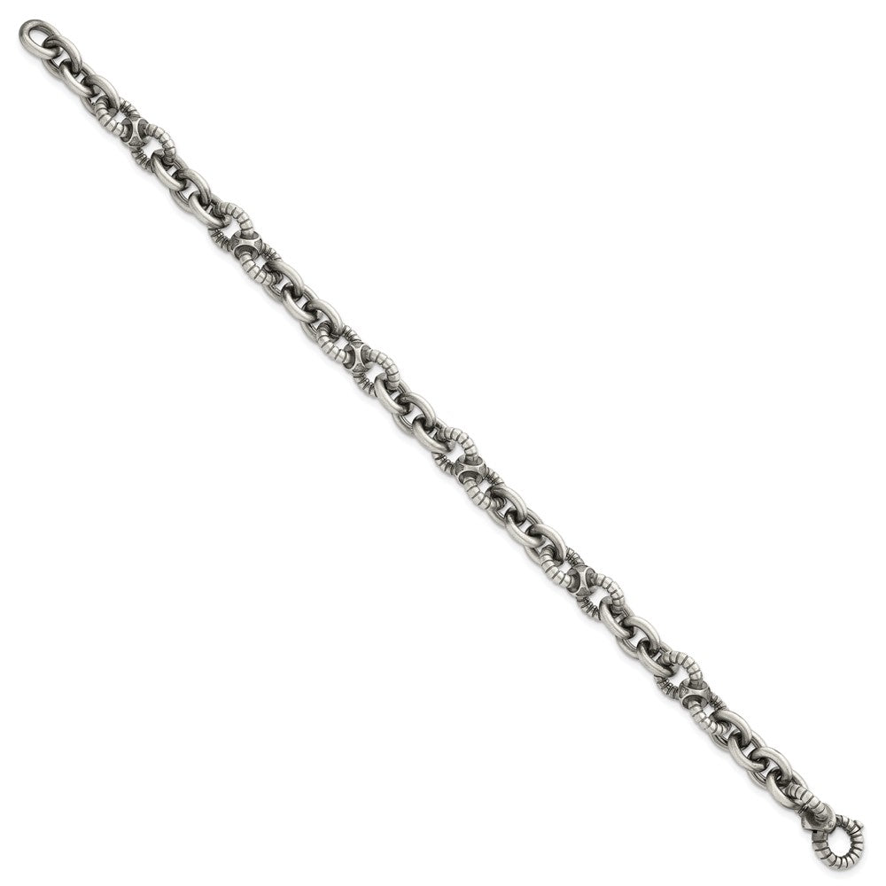 Sterling Silver Black Ruthenium Brushed Fancy Textured Link Men's Chain Bracelet