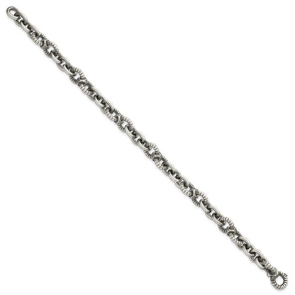 Sterling Silver Black Ruthenium Brushed Fancy Textured Link Men's Chain Bracelet