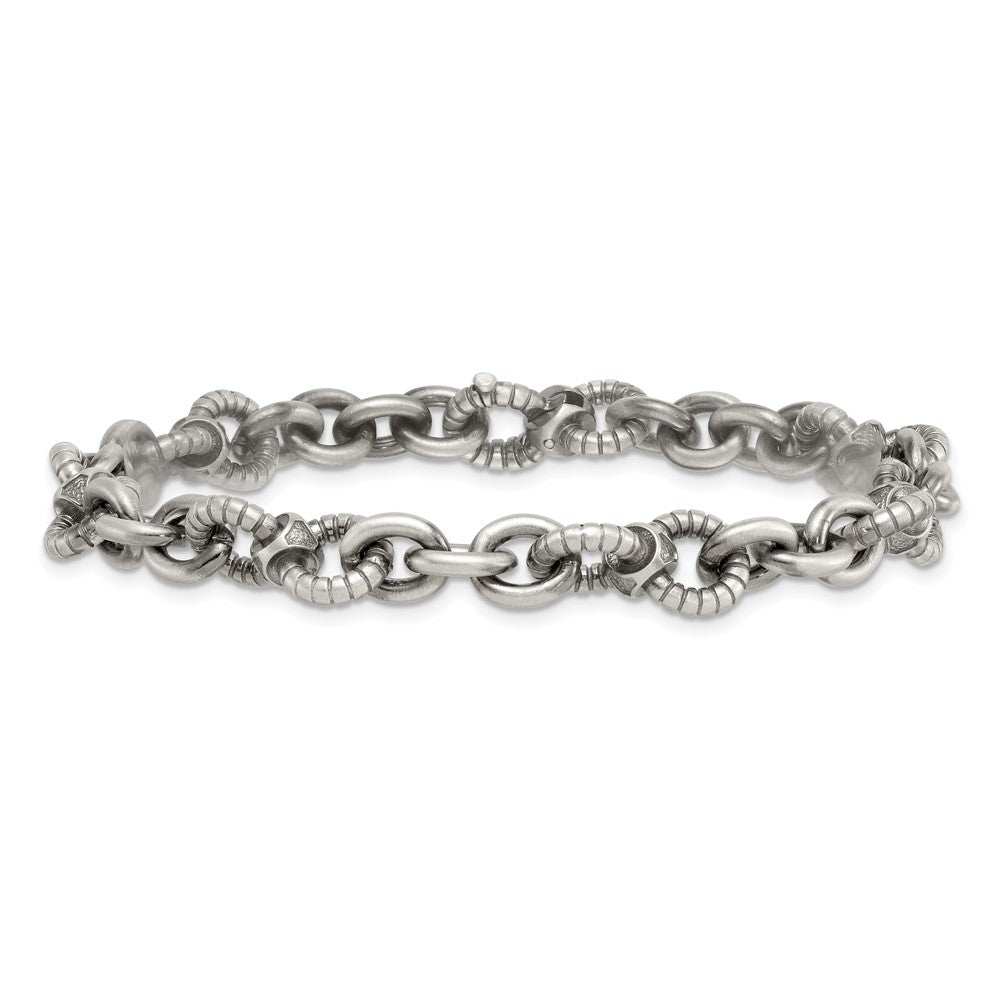 Sterling Silver Black Ruthenium Brushed Fancy Textured Link Men's Chain Bracelet