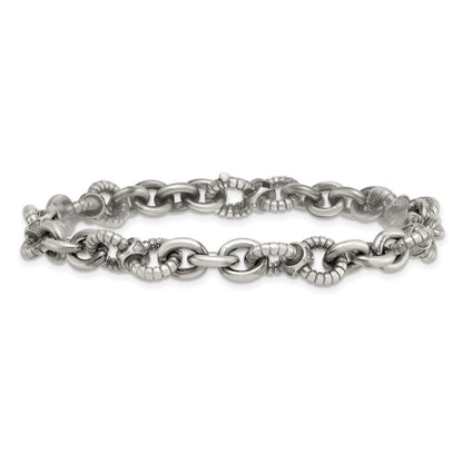 Sterling Silver Black Ruthenium Brushed Fancy Textured Link Men's Chain Bracelet