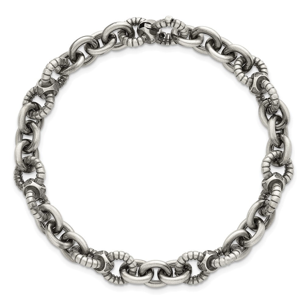 Sterling Silver Black Ruthenium Brushed Fancy Textured Link Men's Chain Bracelet