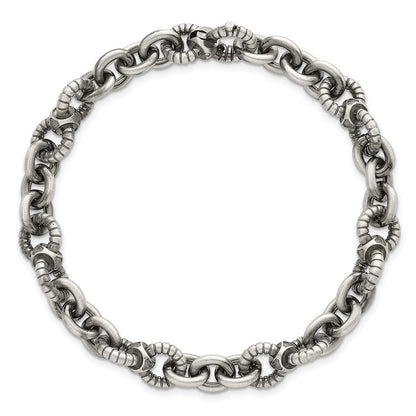 Sterling Silver Black Ruthenium Brushed Fancy Textured Link Men's Chain Bracelet