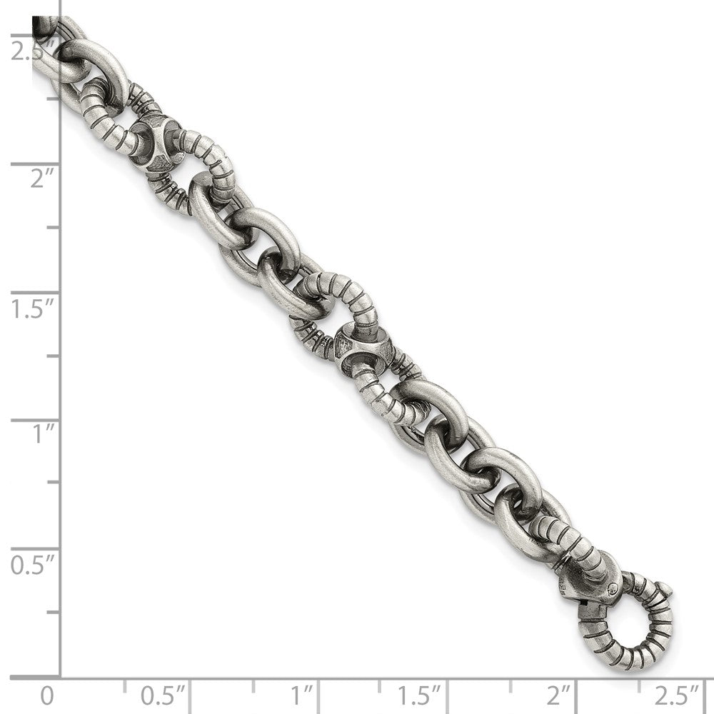 Sterling Silver Black Ruthenium Brushed Fancy Textured Link Men's Chain Bracelet
