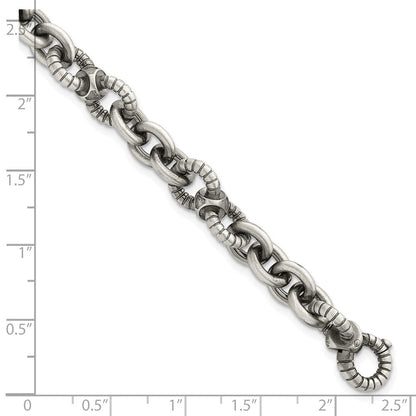 Sterling Silver Black Ruthenium Brushed Fancy Textured Link Men's Chain Bracelet