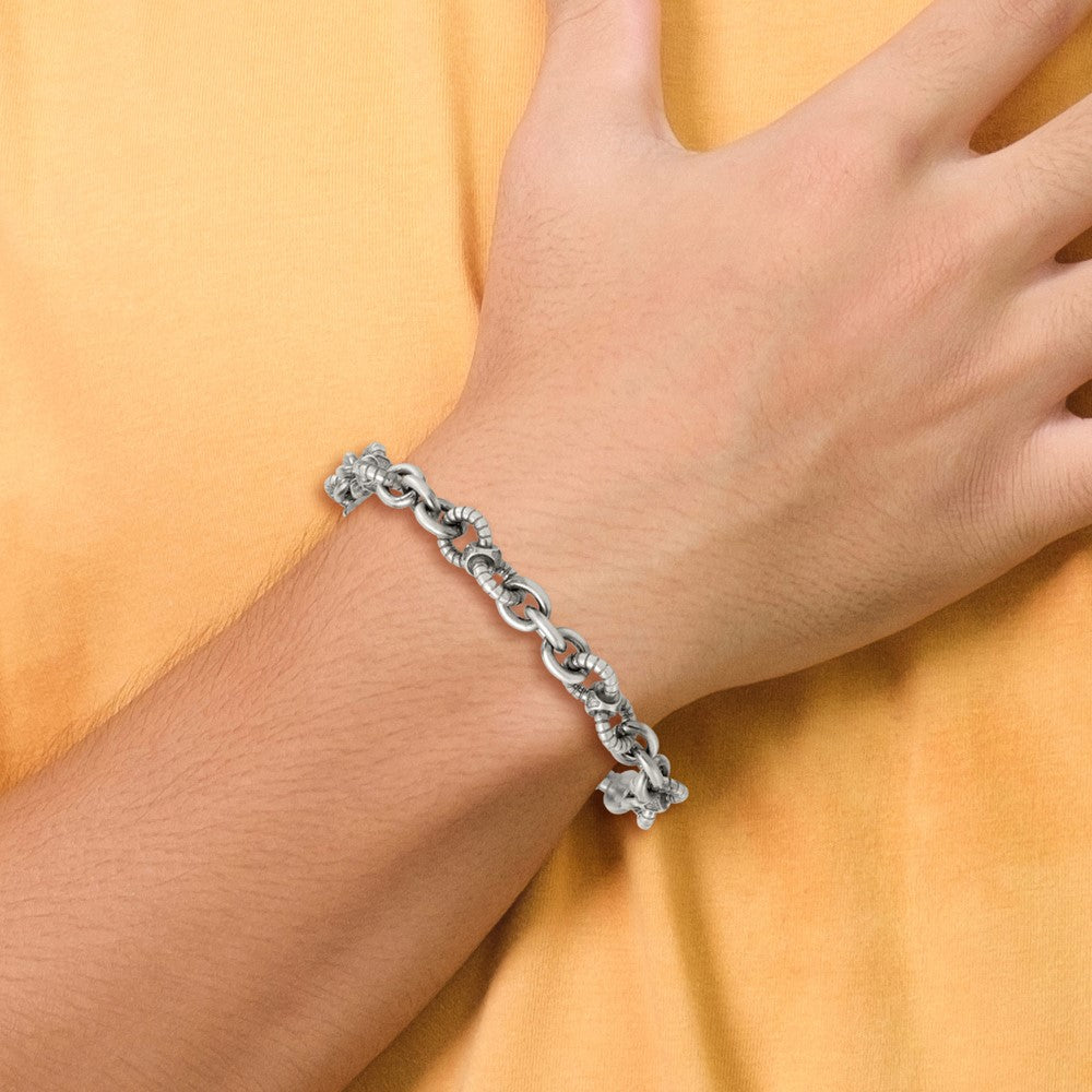 Sterling Silver Black Ruthenium Brushed Fancy Textured Link Men's Chain Bracelet
