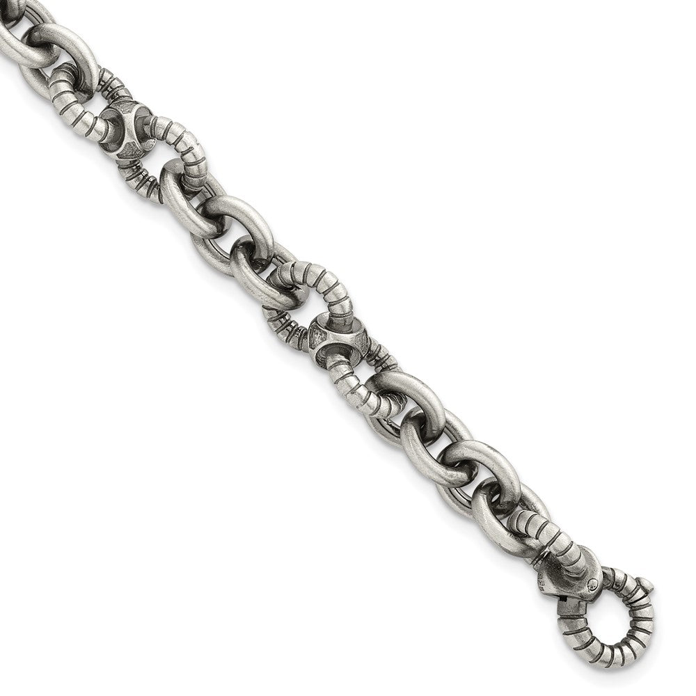 Sterling Silver Black Ruthenium Brushed Fancy Textured Link Men's Chain Bracelet