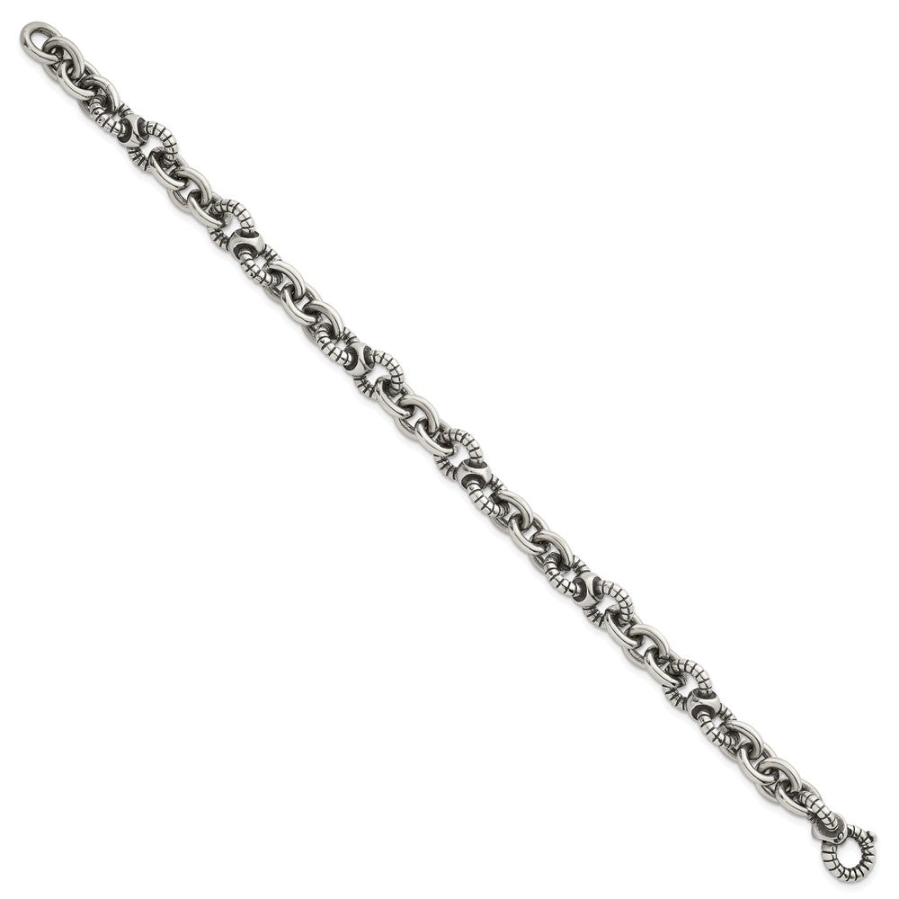 Sterling Silver Oxidized Round Textured Link Men's Chain Bracelet
