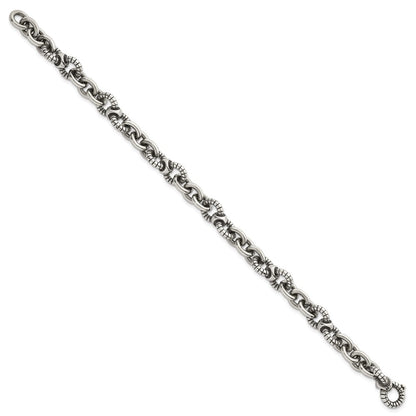 Sterling Silver Oxidized Round Textured Link Men's Chain Bracelet