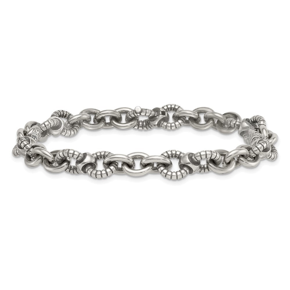 Sterling Silver Oxidized Round Textured Link Men's Chain Bracelet