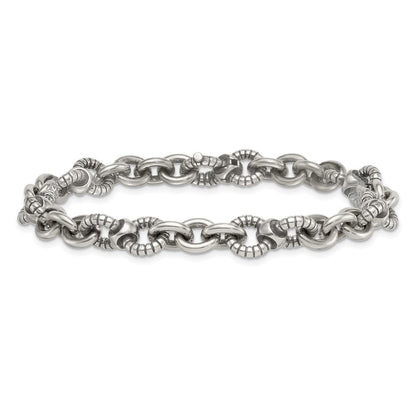 Sterling Silver Oxidized Round Textured Link Men's Chain Bracelet