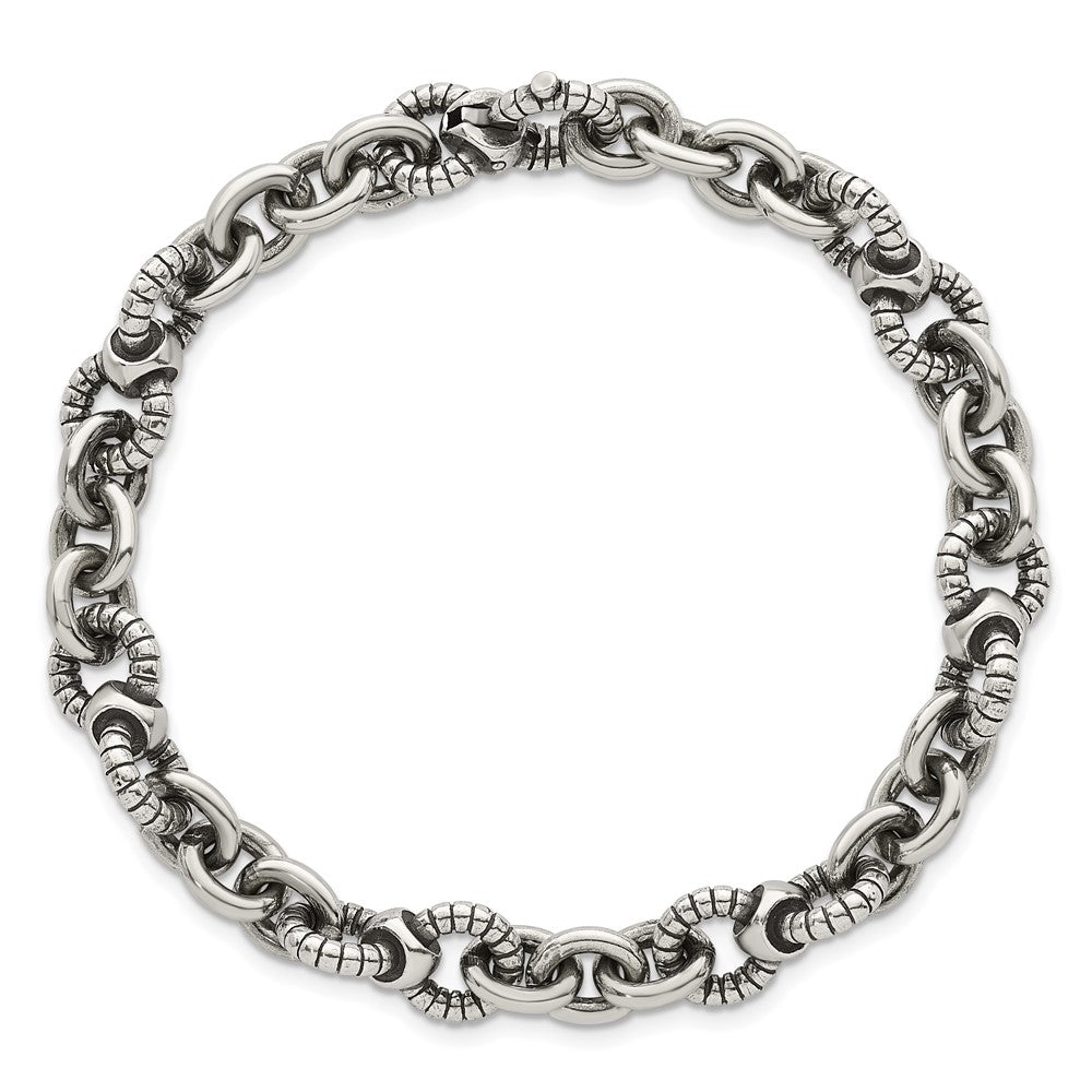 Sterling Silver Oxidized Round Textured Link Men's Chain Bracelet