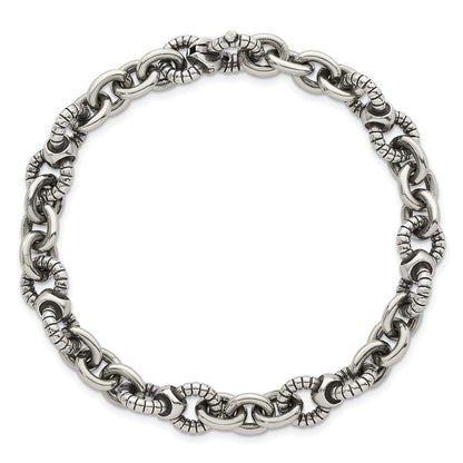 Sterling Silver Oxidized Round Textured Link Men's Chain Bracelet