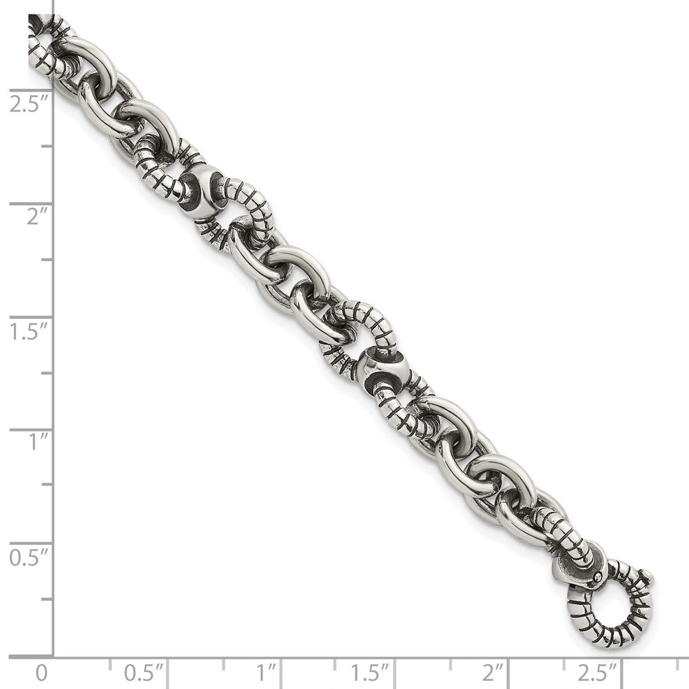 Sterling Silver Oxidized Round Textured Link Men's Chain Bracelet