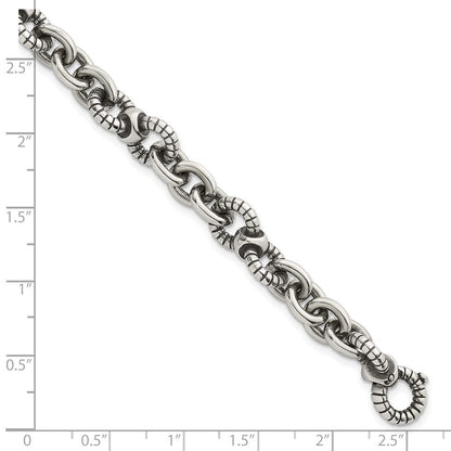 Sterling Silver Oxidized Round Textured Link Men's Chain Bracelet