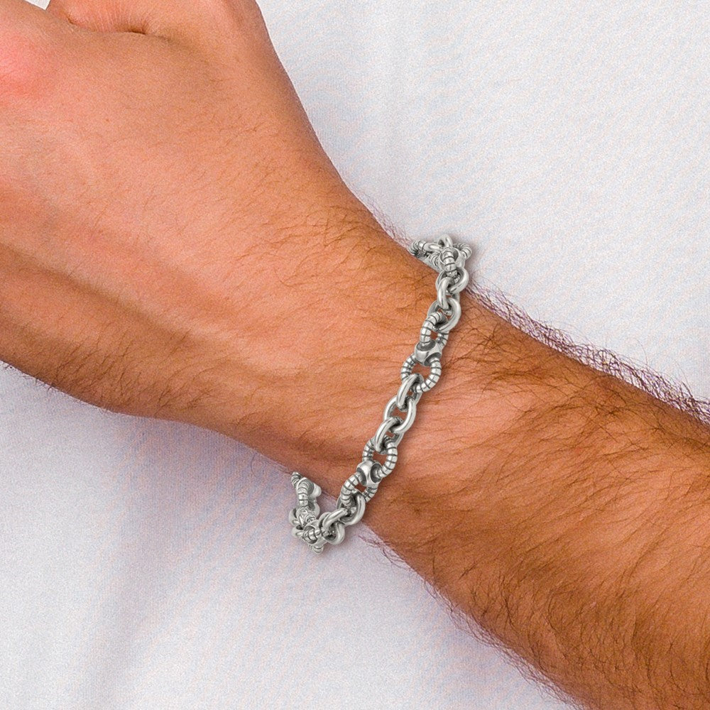 Sterling Silver Oxidized Round Textured Link Men's Chain Bracelet