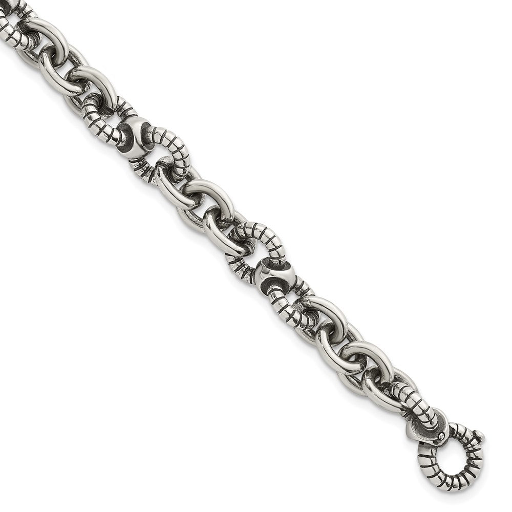 Sterling Silver Oxidized Round Textured Link Men's Chain Bracelet