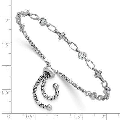 Sterling Silver Rhodium-Plated Polished CZ and Cross Bolo Bracelet