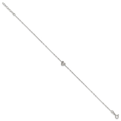 Sterling Silver Polished and Beaded Heart 9in Plus 1in Ext Anklet