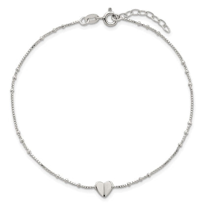 Sterling Silver Polished and Beaded Heart 9in Plus 1in Ext Anklet