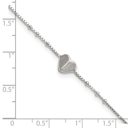 Sterling Silver Polished and Beaded Heart 9in Plus 1in Ext Anklet