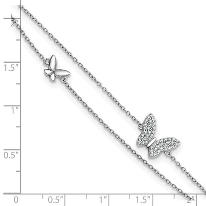 Sterling Silver Rhodium Plated Two-Strand CZ Butterflies 9in Plus 1in Ext Anklet