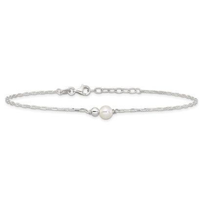 Sterling Silver Polished Bead and Glass Pearl 9in Plus 1in Ext Anklet