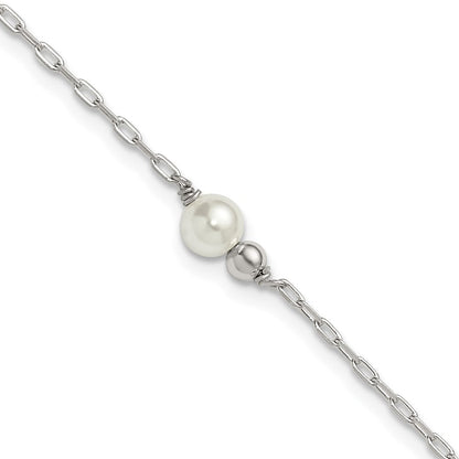 Sterling Silver Polished Bead and Glass Pearl 9in Plus 1in Ext Anklet