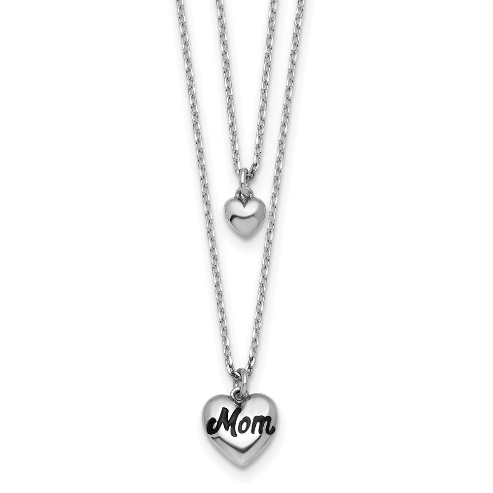 Sterling Silver Rhodium Plated 2 Strand Enamel Mom Heart w/1in Ext Necklace