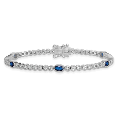 Sterling Silver Rhodium Plated Polished Blue and White CZ 7in Bracelet