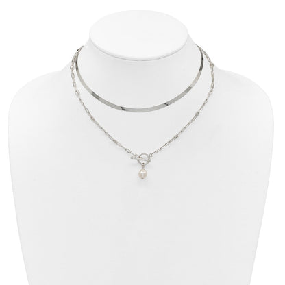 Sterling Silver Polished Crystal Pearl 2 Strand w/2in Ext Choker Necklace