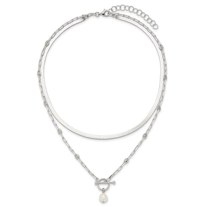 Sterling Silver Polished Crystal Pearl 2 Strand w/2in Ext Choker Necklace