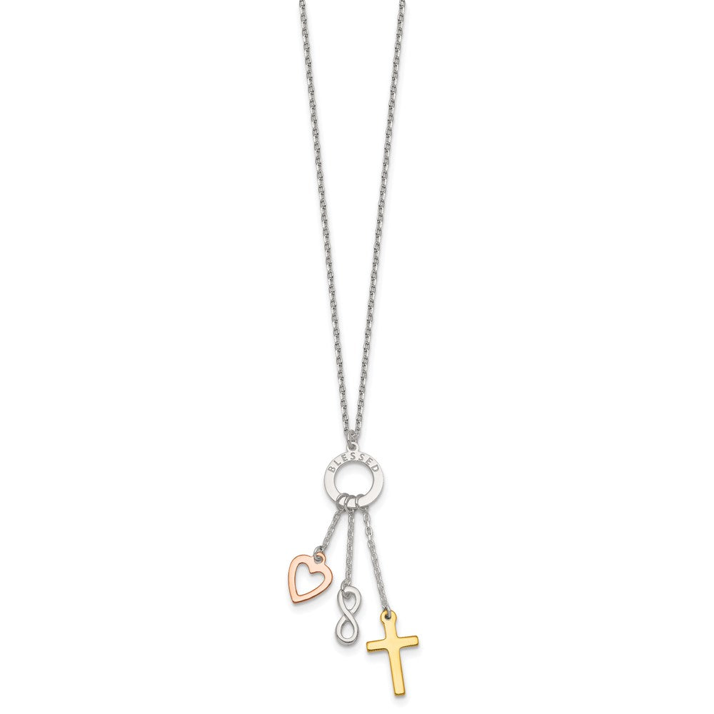 Sterling Silver Gold and Rose-Tone Heart Infinity and Cross Blessed Necklace
