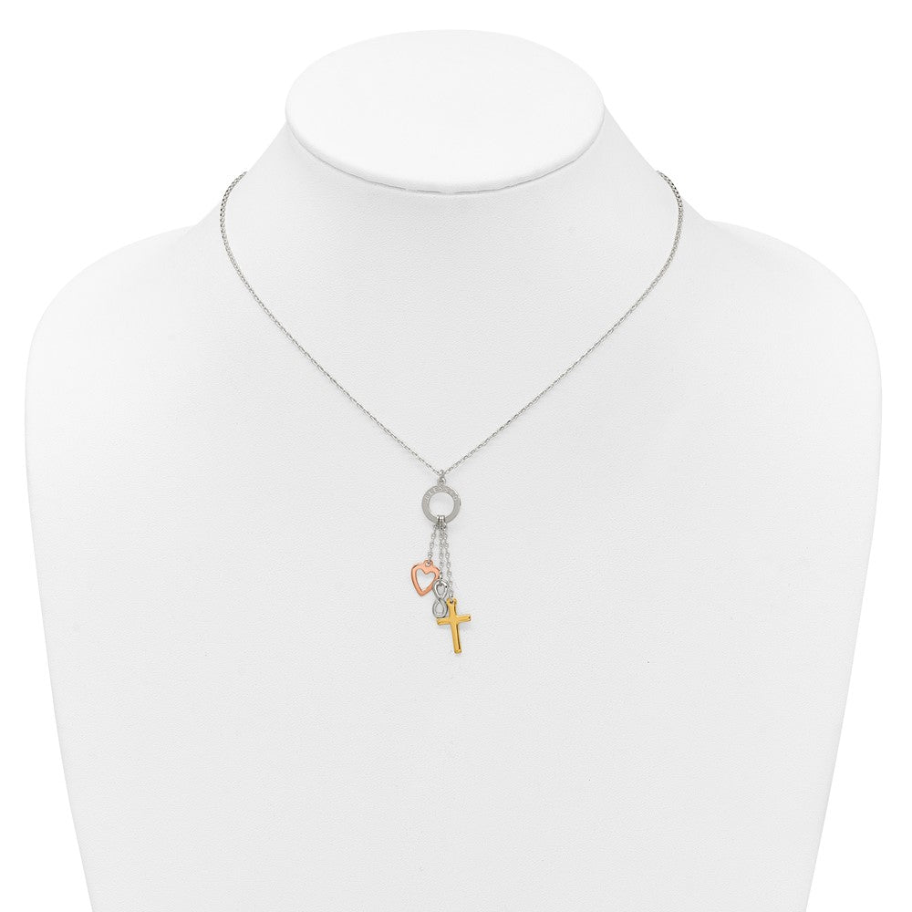 Sterling Silver Gold and Rose-Tone Heart Infinity and Cross Blessed Necklace