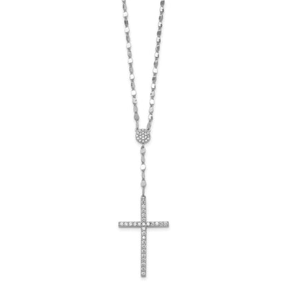 Sterling Silver Rhodium Plated Polished CZ Cross 16in w/2in Ext Necklace