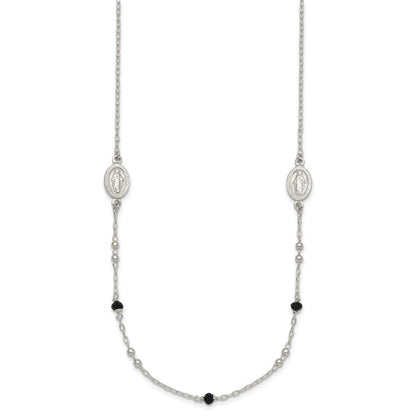 Sterling Silver Textured Black Glass Beads Miraculous Medal Necklace
