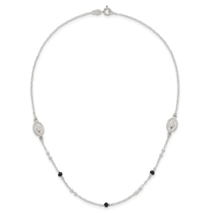 Sterling Silver Textured Black Glass Beads Miraculous Medal Necklace