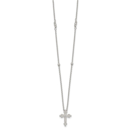 Sterling Silver Polished and Beaded CZ Cross W/ 1in Ext Necklace