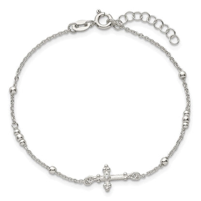 Sterling Silver Polished and Beaded CZ Cross W/ 1in Ext Bracelet