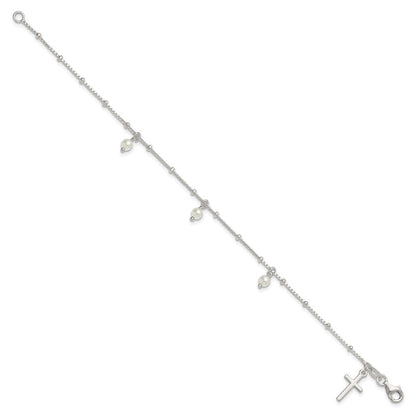 Sterling Silver Polished and Beaded Glass Pearl and Cross Bracelet