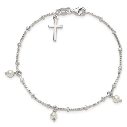 Sterling Silver Polished and Beaded Glass Pearl and Cross Bracelet