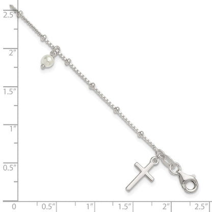 Sterling Silver Polished and Beaded Glass Pearl and Cross Bracelet